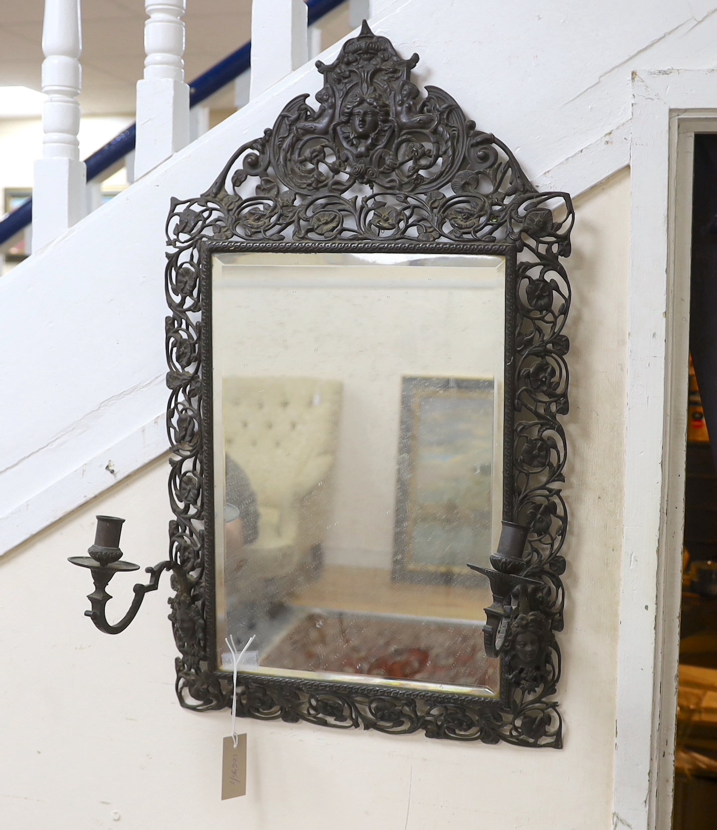 A late 19th century French cast metal girandole wall mirror, width 45cm, height 78cm